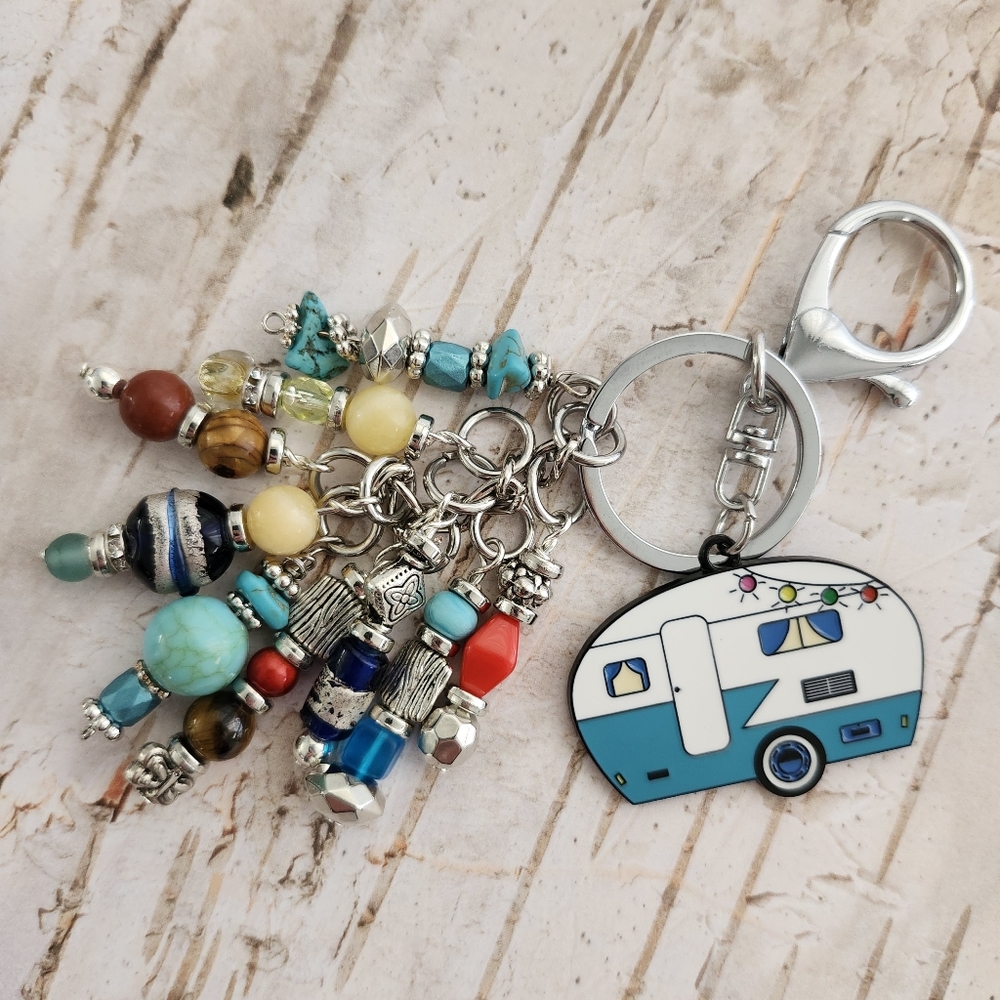 RV Camper Purse Charm or Keychain Jasper Howlite Carnelian Handcrafted